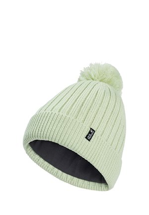 Hellgrüne gerippte Strick-wintermütze mit Bommel oben und dunklem Fleecefutter innen.