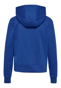 Sudadera con capucha azul de color sólido, textura suave y mangas acanaladas. Presenta un corte relajado y un diseño clásico.