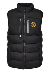 Zwarte puffer vest met een hoge kraag, ritssluiting aan de voorkant en een logopatch. Bevat twee met rits afgesloten zakken en een gestructureerd, doorgestikt ontwerp.