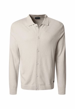 Hellbeige Strickjacke aus weichem Strickmaterial. Verfügt über einen Kragen, eine Knopfleiste, lange Ärmel und gerippte Bündchen.