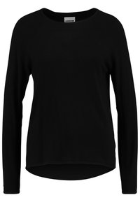 Pull-over noir à manches longues avec un col rond, un tissu doux et un ourlet arrondi. Comprend des manches raglan pour une coupe décontractée.
