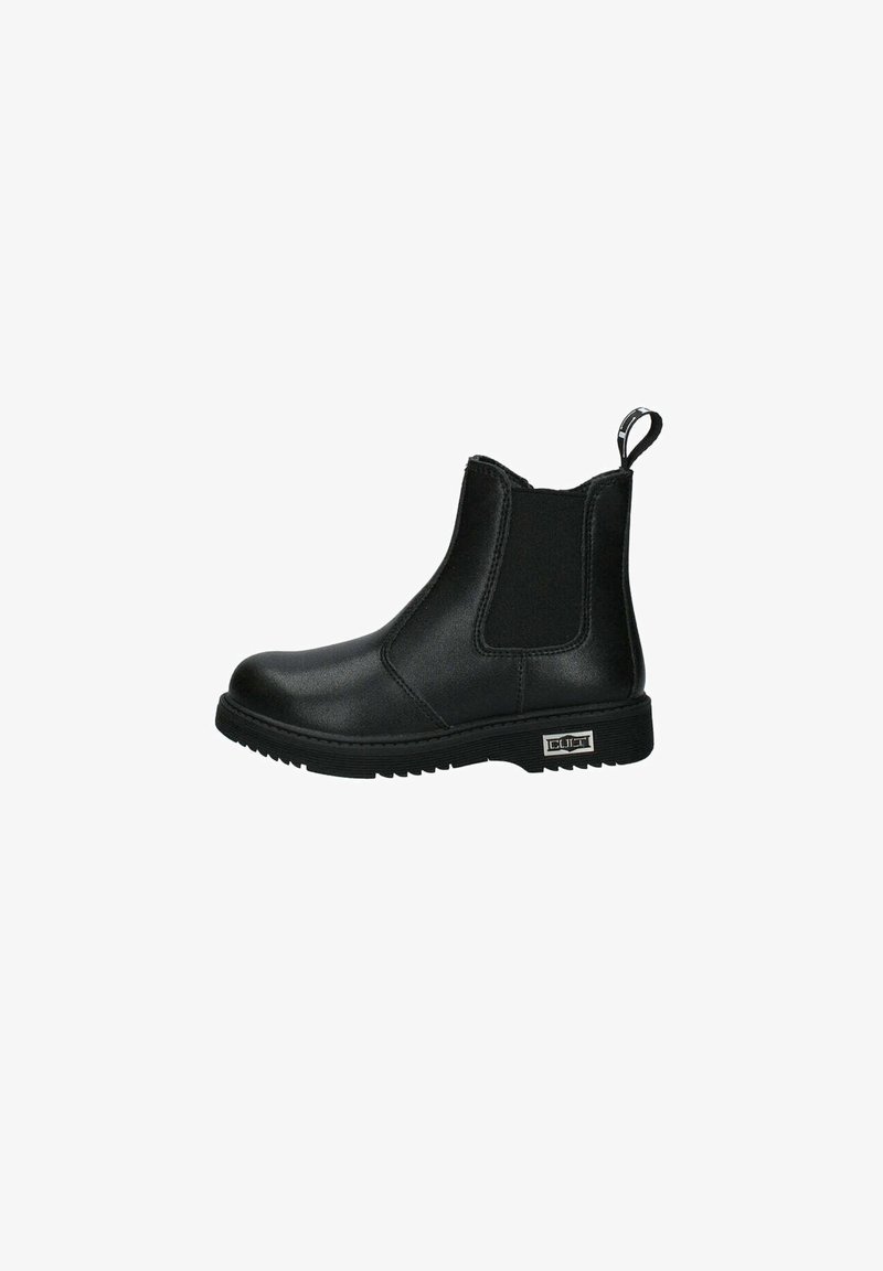 Bottine Chelsea en cuir noir avec panneaux latéraux élastiques, languette à l’arrière, semelle rainurée et étiquette métallique de la marque sur la semelle extérieure.