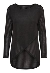 Zwart shirt met lange mouwen en een horizontale geribbelde textuur. Voorzien van een schuin vallende zoom en een ronde hals, gemaakt van een lichtgewicht stof.