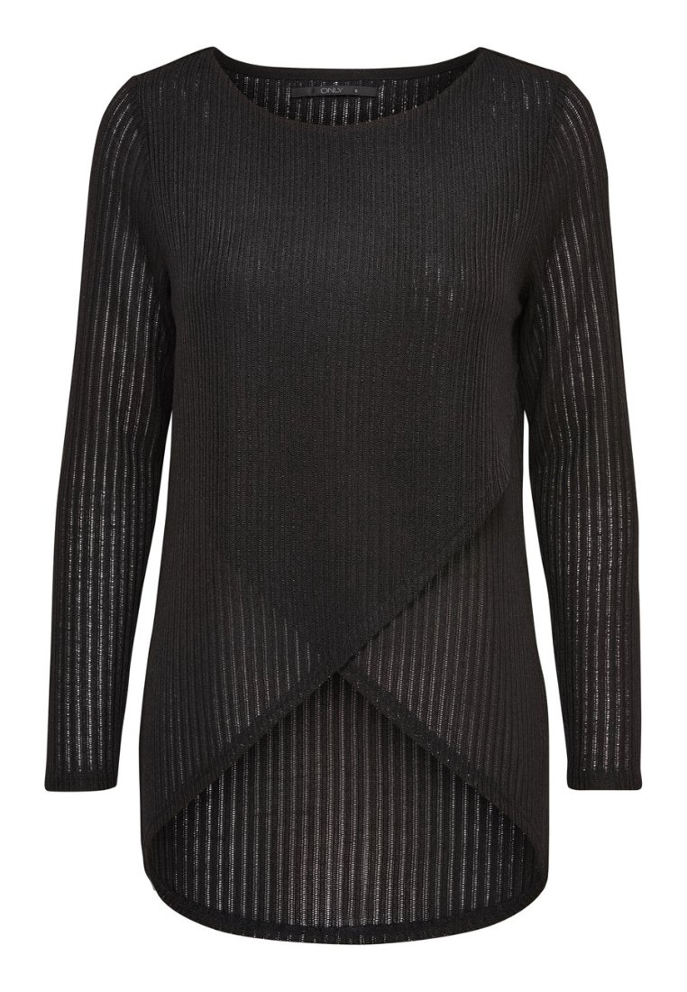 Zwart shirt met lange mouwen en een horizontale geribbelde textuur. Voorzien van een schuin vallende zoom en een ronde hals, gemaakt van een lichtgewicht stof.