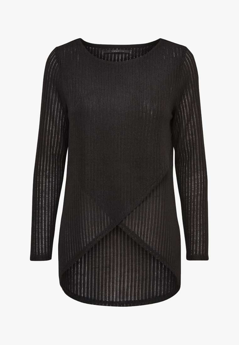 Zwart shirt met lange mouwen en een horizontale geribbelde textuur. Voorzien van een schuin vallende zoom en een ronde hals, gemaakt van een lichtgewicht stof.