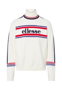 Witte trui met een hoge kraag, met een rood en blauw gestreept ontwerp op de borst en marineblauwe accenten op de mouwen. "Ellesse" logo weergegeven.