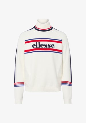 Biały sweter z wysokim kołnierzem, z czerwono-niebieskim paskowanym wzorem na klatce piersiowej i granatowymi akcentami na rękawach. Wyświetlone logo "Ellesse".