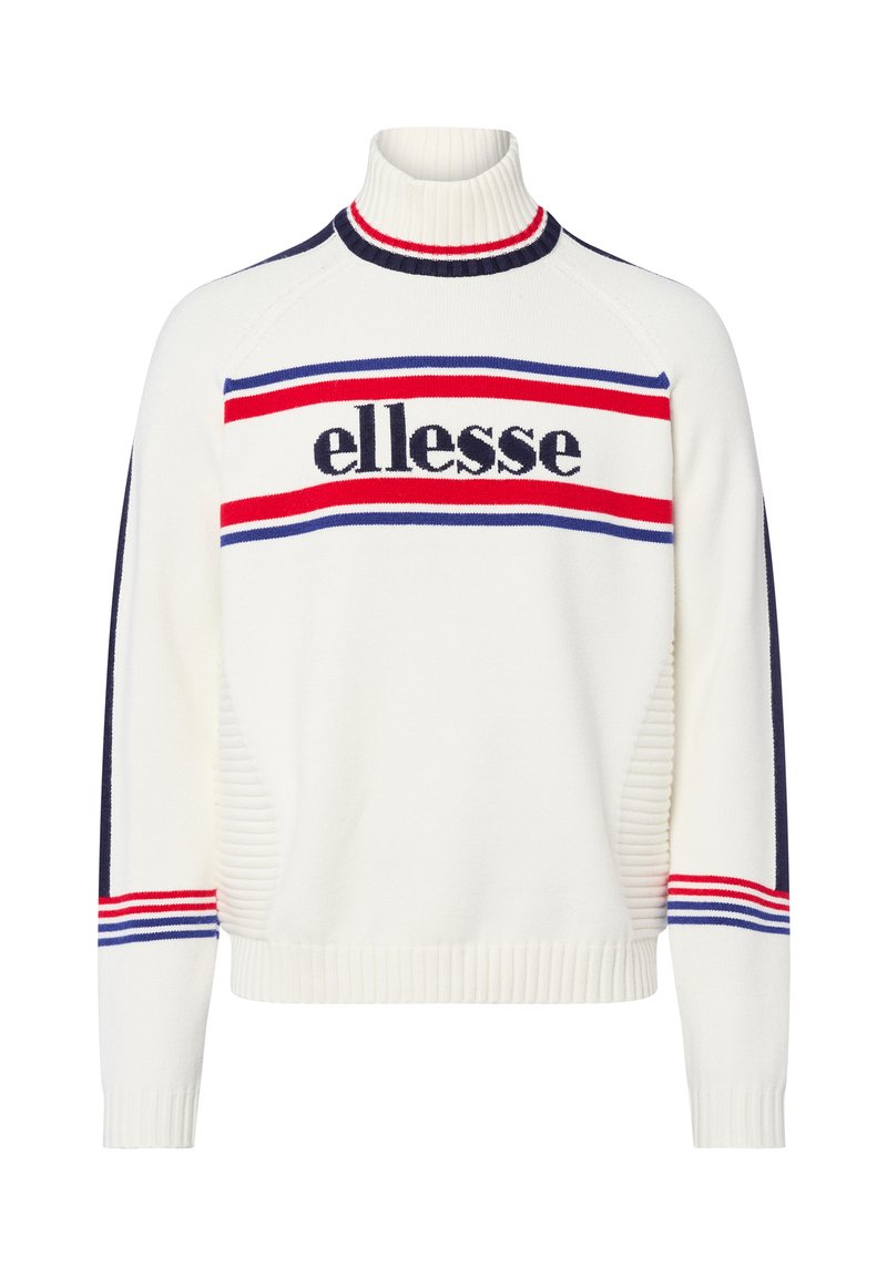Witte trui met een hoge kraag, met een rood en blauw gestreept ontwerp op de borst en marineblauwe accenten op de mouwen. "Ellesse" logo weergegeven.