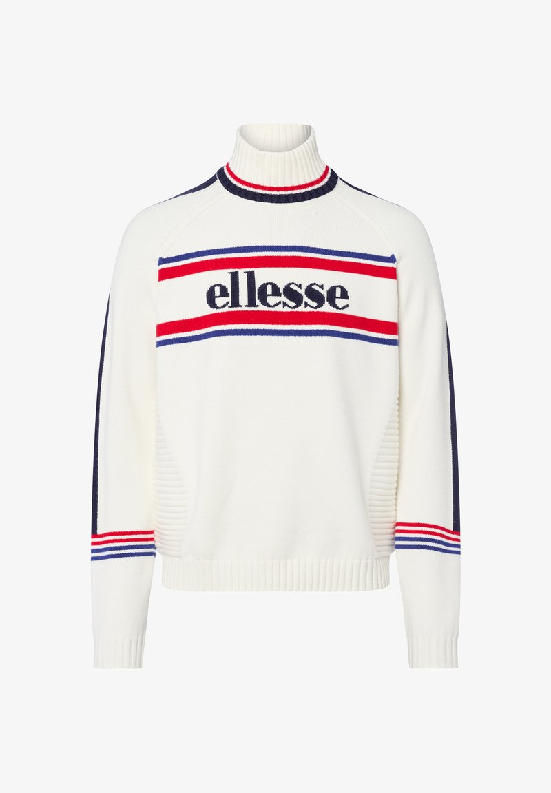 Weißer Pullover mit hohem Kragen, der ein rot-blau gestreiftes Design über der Brust und marineblaue Akzente an den Ärmeln aufweist. "Ellesse"-Logo displayed.