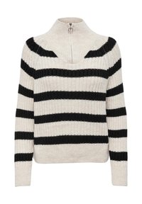 Sweter w paski o prążkowanej fakturze, wykonany z jasnobeżowej tkaniny z czarnymi poziomymi paskami, z wysokim kołnierzem zapinanym na suwak.