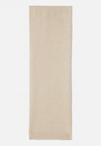 Sciarpa rettangolare beige realizzata in un morbido tessuto lavorato a maglia. Presenta una delicate texture con una leggera lucentezza e un bordo rifinito.
