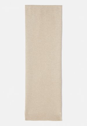 Sciarpa rettangolare beige realizzata in un morbido tessuto lavorato a maglia. Presenta una delicate texture con una leggera lucentezza e un bordo rifinito.