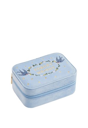 Helehall sametist ristkülikukujuline ehtekarp kuldse tõmblukuga, kaanel tikitud tekst "ÄRA UNUSTA MIND", lillepärg ja kaks sinist lindu.