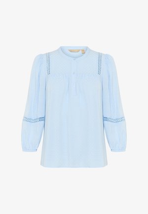 Light blue blouse with a button-up front, full sleeves, textured fabric, and lace accents on the shoulders and sleeves.