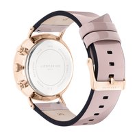 Runde Edelstahl-Uhr mit einem Gehäuse in Roségold, glänzendem hellrosa Armband und schwarzer Unterseite. Verfügt über mehrere Zifferblätter und eine Schnalle.