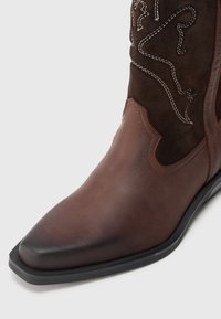 Pruunist nahast cowboy saapad terava varbaga, sametpealne ja valged õmblused. Disainil on dekoratiivne muster varre peal.