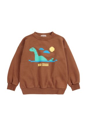Felpa marrone con dinosauro verde pixelato, acqua blu, sole giallo e nuvole con testo "BOBO CHOSES" sul davanti.