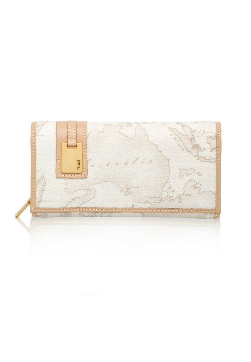 Portafoglio bianco con texture, caratterizzato da un design della mappa del mondo in marrone chiaro. Accentuato da una tracolla in marrone chiaro e dettagli in oro. Chiusura a zip su un'estremità.