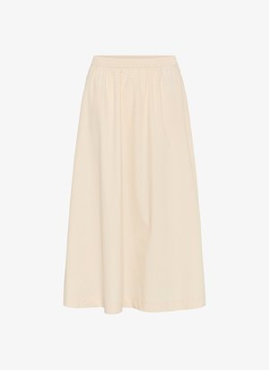 Keskipitkä, kermavärinen hame, joka on valmistettu kevyestä kankaasta. Hameessa on joustava vyötärö, taitteita ja löysä, virtaava muoto.