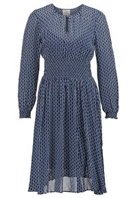 Robe midi bleue avec motif losange blanc, manches longues, taille smockée élastique et petit décolleté goutte d'eau avec bouton.