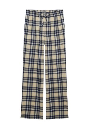 Pantalones de cuadros en beige y azul marino con cintura elástica y cordón, estilo de pierna recta para uso casual.