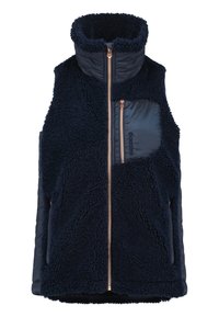 Mörkblå ärmlös väst med en mjuk, lurvig utsida, vadderade tygsidor, hög krage och en dragkedjeförsedd bröstficka med roséguld-hårdvara.