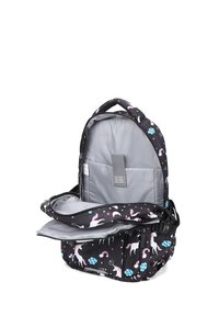 Zaino nero con motivo unicorno, con accenti azzurri e rosa. Interno grigio con compartimento suddiviso e chiusura a zip.