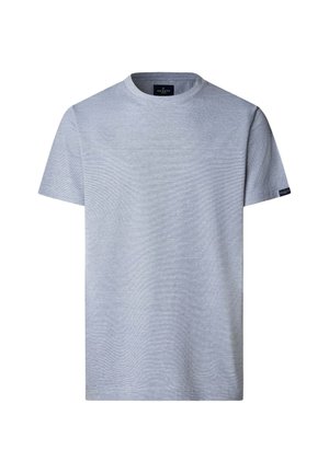 Lichtgrijs T-shirt met korte mouwen en ronde hals, met een klein zwart label op de linkermouw en binnenin bij de halslijn.