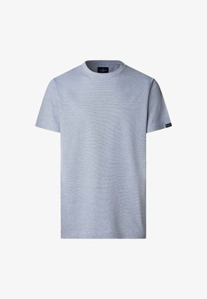 Camiseta de cuello redondo de manga corta en gris claro con una pequeña etiqueta negra en la manga izquierda y en el interior del cuello.