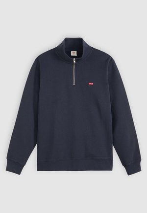 Marineblauwe pullover trui van een katoenmix, met een hoge kraag, halve rits en een klein rood logo op de linkerborst.
