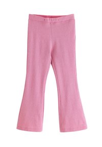 Lyserøde vidde bukser lavet af tekstureret stof med en glat linning, der har en tætsiddende top og en afslappet benform.