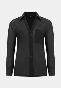 Schwarze, durchsichtige Hemdbluse mit Kragen, langen Ärmeln und einer einzelnen Tasche auf der linken Brust. Strukturierter Stoff und subtile Designdetails.