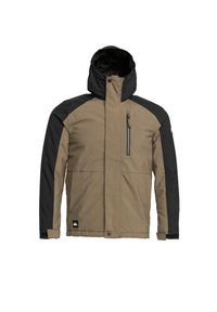 Braune und schwarze isolierte Jacke mit Kapuze, mit Reißverschluss versehenen Brusttasche und elastischen Bündchen. Hergestellt aus strapazierfähigem, wasserabweisendem Material.