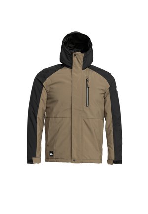 Braune und schwarze isolierte Jacke mit Kapuze, mit Reißverschluss versehenen Brusttasche und elastischen Bündchen. Hergestellt aus strapazierfähigem, wasserabweisendem Material.