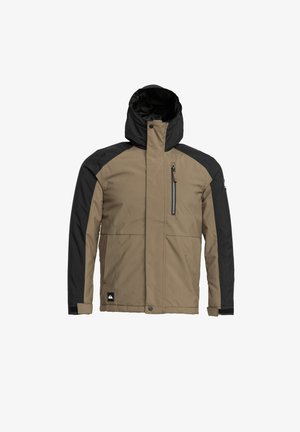 Braune und schwarze isolierte Jacke mit Kapuze, mit Reißverschluss versehenen Brusttasche und elastischen Bündchen. Hergestellt aus strapazierfähigem, wasserabweisendem Material.