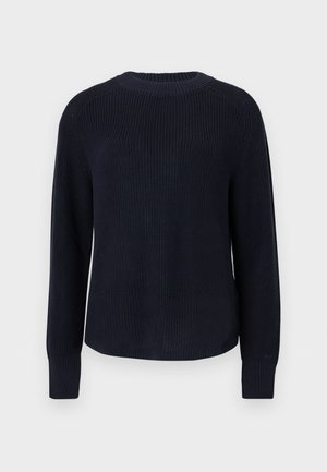 Navy blue knitted crewneck sweater with long sleeves and ribbed cuffs, displayed on a plain light background.