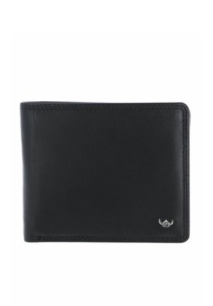 Black leather bifold wallet with stitched edges and small silver logo emblem in bottom right corner on white background