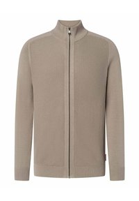 Beige zip-up tröja med en texturerad, ribbad stickad struktur och släta ärmar; har en hög krage och sidofickor.