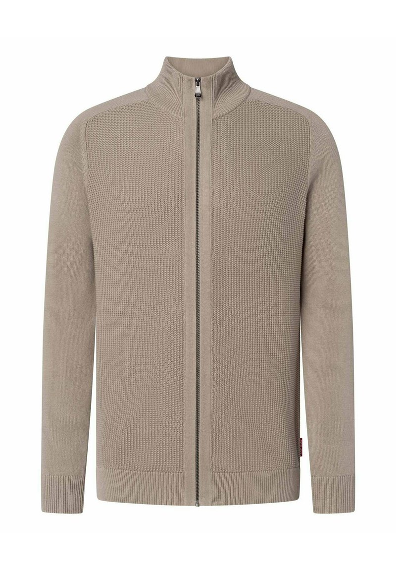 Beige zip-up tröja med en texturerad, ribbad stickad struktur och släta ärmar; har en hög krage och sidofickor.