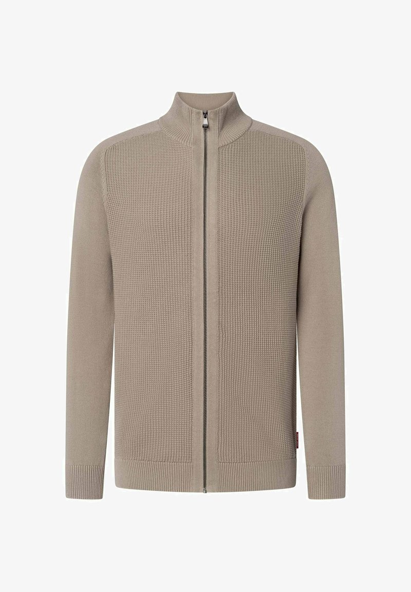Beige zip-up tröja med en texturerad, ribbad stickad struktur och släta ärmar; har en hög krage och sidofickor.