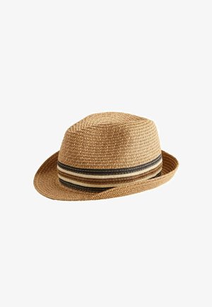 Geweven lichtbruine stro fedora hoed met een zwart-wit-bruin gestreepte stoffen band rondom de basis.