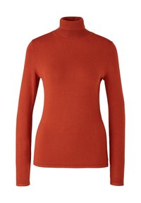 Pull à col roulé rouge en tissu tricoté doux, avec des manches longues et une coupe ajustée dotée d'un col montant.