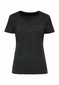 Czarny T-shirt z krótkim rękawem o okrągłym dekolcie, z teksturowanym wzorem i błyszczącymi akcentami na całej tkaninie.