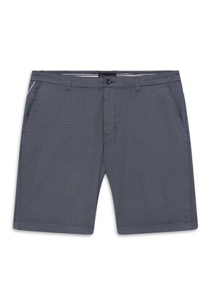 Herren Shorts in Marineblau mit Muster, vorderen Taschen, Gürtelschlaufen, Knopfverschluss und flachem Frontdesign.