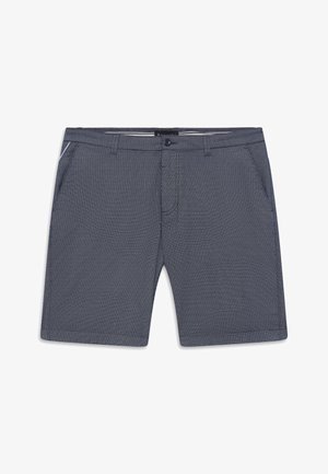 Herren Shorts in Marineblau mit Muster, vorderen Taschen, Gürtelschlaufen, Knopfverschluss und flachem Frontdesign.
