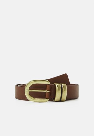 Brown leather belt with a gold-toned, double-prong buckle and two decorative bands. Smooth texture, simple design.