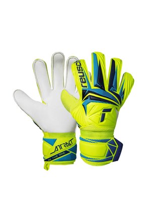 Pair of neon yellow and blue goalkeeper gloves with white palms, Reusch branding, and adjustable wrist straps labeled "Attrakt."