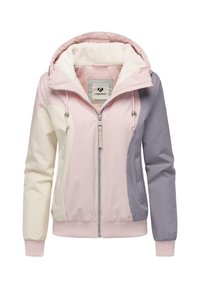 Färgglad zip-up jacka med huva, med mjuka rosa, gräddfärgade och grå paneler, räfflade ärmslut och foder av fleece.