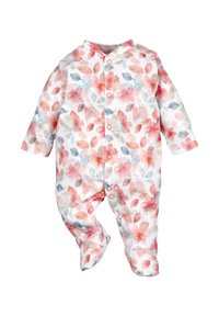 Body bébé blanc avec des motifs floraux et de feuilles roses, orange et bleus, à manches longues et boutons-pression sur le devant et les jambes.