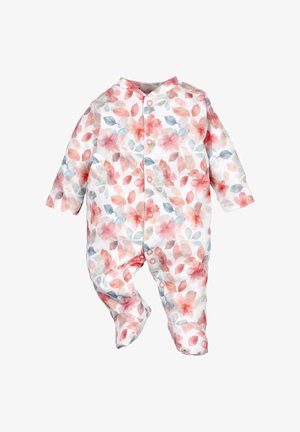Body bébé blanc avec des motifs floraux et de feuilles roses, orange et bleus, à manches longues et boutons-pression sur le devant et les jambes.